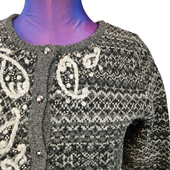 Eddie Bauer Fair Isle Wool Button Down Gray Cardigan‎ Sweater Small Women's - Picture 2 of 8